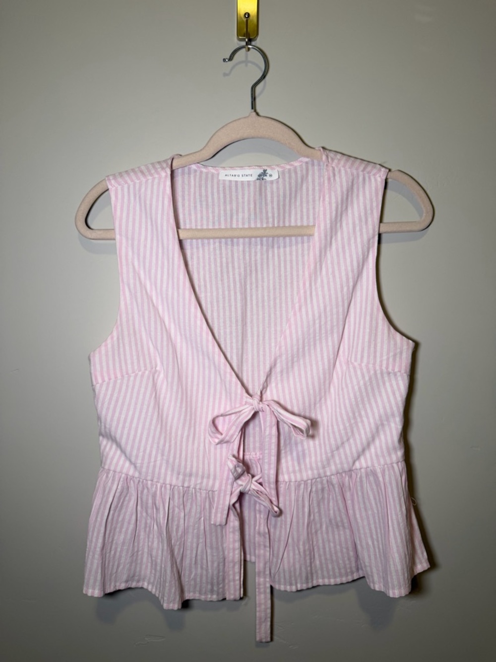 Altar'd State Pink and White Striped Tie-Front Peplum Tank